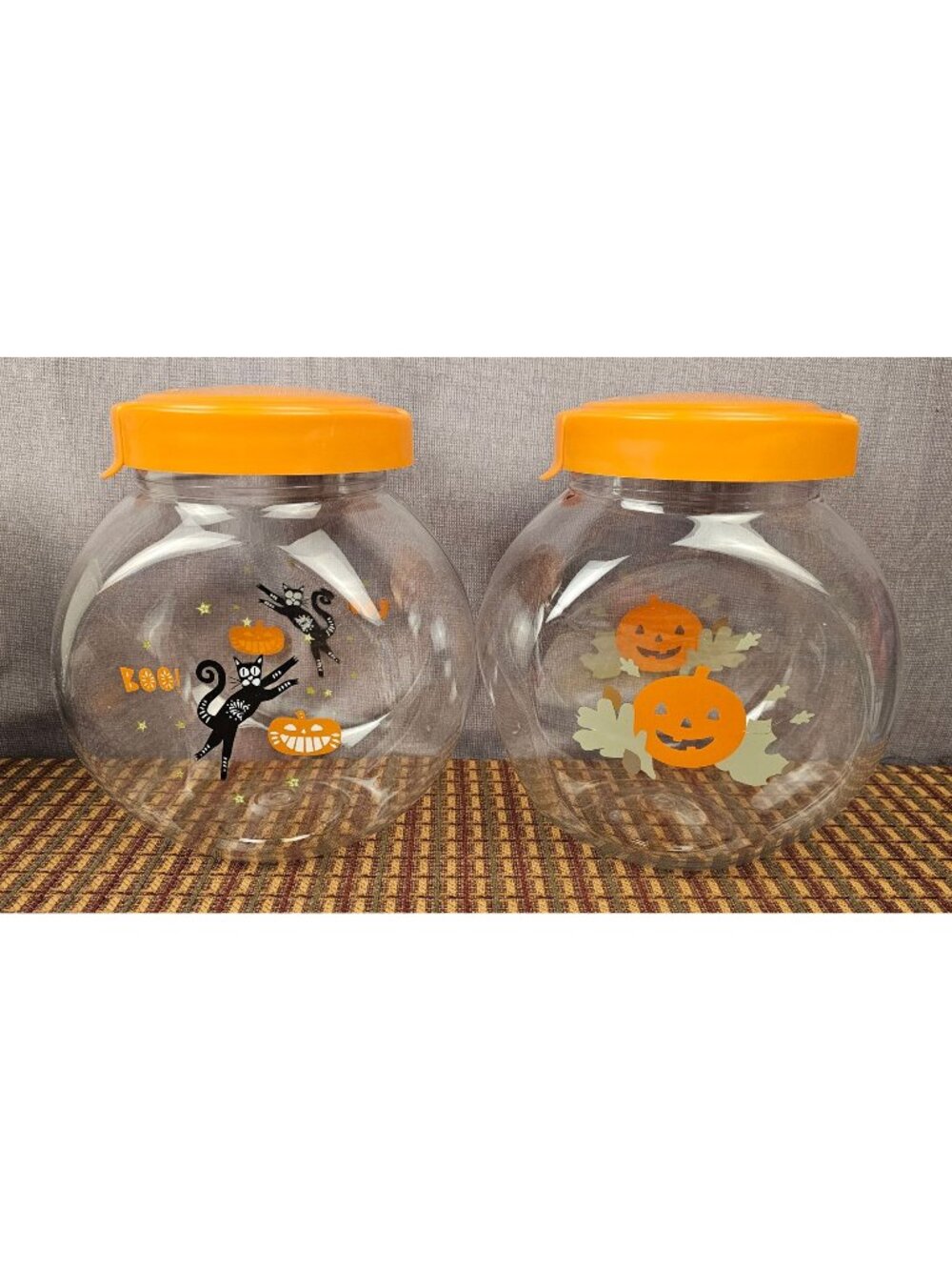Halloween-Themed Plastic Storage Jars With Orange Lids Black Cat & Pumpkin Desig
